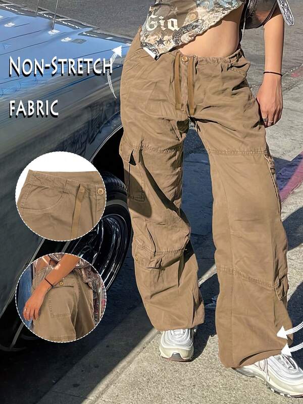 Y2K Women's Solid Color Cargo Pocket Straight Leg Casual Loose Pants Streetwear 2000s Style Fall Clothes Outfits Vintage Clothes Going Out Outfits