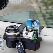 4-In-1 Car Door Storage Box, With Phone Holder, Cup Holder And Storage Space - Heavy-Duty ABS Multi-Functional Car Storage Box, With 2 Hooks, Space-Saving Door/Center Console Installation - Suitable For All Vehicles (Cars, SUVs, Trucks) - Can Hold Mobile Phones, Cups, Keys, Bottles - Car Interior Storage Box, Vehicle Organization Compact Design, Durable Structure, SUV Driver - Black - View 2