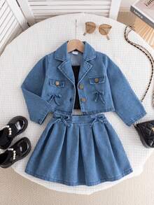 3 PiecesYoung Girl Fashion Casual Denim Jacket, Black Camisole Top, And Pleated Denim Mini Skirt Set, Suitable For Daily, Outdoor, School, And Vacation