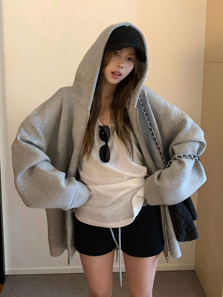 韩版灰色连帽拉链运动衫外套，女款宽松休闲宽松套头衫，秋季 - 灰色 - 查看 1