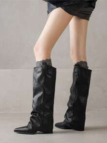 Bottes hautes à talon épais avec pointe pointue plissée, style vintage classique. Confortable pour le port quotidien, automne/hiver - Noir - Voir 5