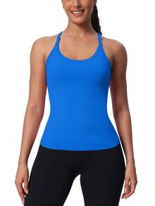 Workout Tank Tops For Women Built In Shelf Bras Padded -Racerback Athletic Tank Tops Ribbed Yoga Shirts - Klein Blue - View 3