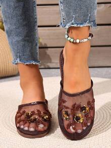 2025 New Handmade Beaded Fine Mesh Slip-On Slippers, Suitable For Indoor And Outdoor Wear - Brown - View 5