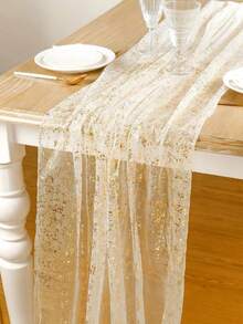 1 Pieza Camino de mesa dorado con brillo, Cubierta de mesa plisada, Mantel de tela de gasa de poliéster elegante, Decoraciones de mesa de fiesta doradas, Estilo bohemio brillante y romántico, Accesorios de boda, Regalos de ducha nupcial, Decoraciones de cumpleaños, Decoraciones de fiesta, Decoración de aniversario, Decoración de banquete de compromiso, Decoración del hogar, Decoración de mesa, Decoración de superficie de mesa