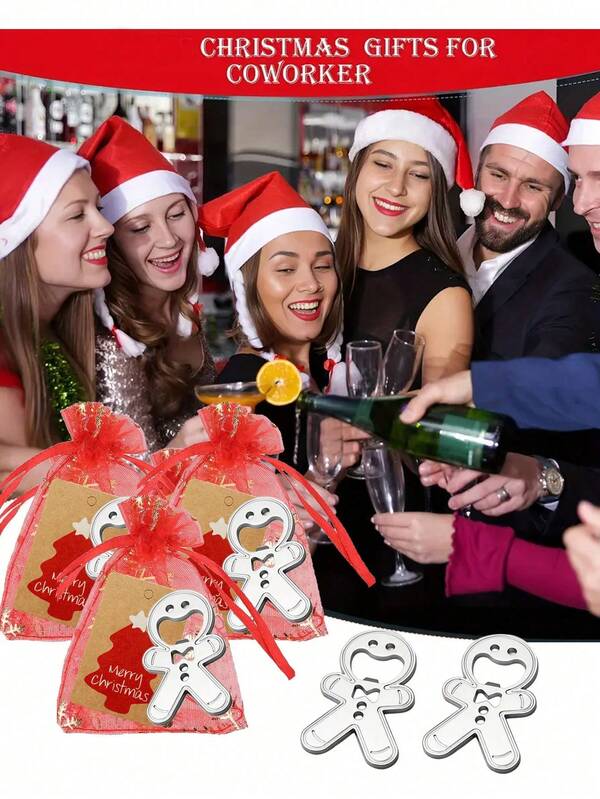 Juego de regalo de 15 piezas/set de abridor de botellas con diseño de hombre de jengibre navideño - Diseño de dibujos animados encantador, material de acero inoxidable, metal, abridor de botellas manual, que incluye 5 piezas de abridor de botellas con hombre de jengibre, 5 piezas de tarjetas de árbol de Navidad, 5 piezas de bolsas de hilo con copos de nieve rojos, perfecto para la cocina, fiestas y regalos navideños, accesorios lúdicos, detalles exquisitos, accesorios para fiestas