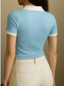 Women's Short Sleeve Cotton Polo Shirt - Màu xanh nhạt - Xem 3