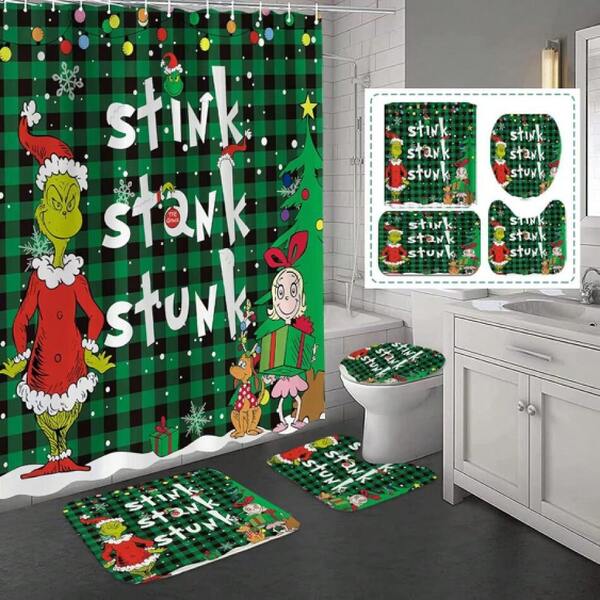 LIN&BABAY 4Pcs Christmas Shower Curtain Set, Christmas Bathroom Sets With Non-Slip Rugs, Toilet Lid Cover And Bath Mat, Christmas Holiday Bathroom Dr With Hooks 71'' X 71'' (Green),19428401