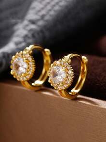 Gift Box Set Exquisite Cubic Zirconia Fully Paved Small Hoop Earrings, Copper Gold Plated Jewelry Suitable For Women's Wedding, Engagement And Holiday Gifts - Gold - View 6