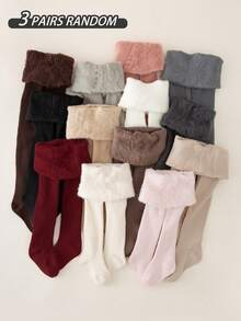 3/1 Pack Girls Tights/Leggings, Solid Color, Minimalist, Comfortable, Warm, Thermal Lined, Classic Vertical Stripe Design, Suitable For Birthday Party, Holiday Gift, Back To School, Travel, Outdoor Sports, Daily Wear, Random Color & Style