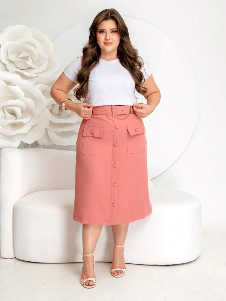 Elegant Tailored Evangelical Midi Skirt With Belt, Pocket And Buttons - Rusty Rose - View 1