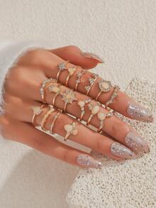 Juego de 15-16 anillos elegantes de múltiples elementos para mujer - rey blanco - Ver 7