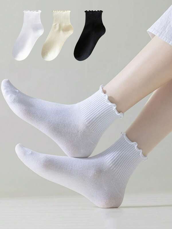 3 Pairs Children's Socks 12-16 Years Girls Students Ruffle Frilly Socks Novelty Funny Ankle Socks Cute Comfortable Breathable Fashion Crew Sock