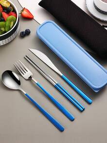 4pcs Stainless Steel Portable Cutlery Set, Travel Utensils With Box, Reusable Camping Flatware Set Including Fork, Spoon, Chopsticks And Case, Suitable For Western Dining, Kitchen, Lunch Box, Office, Picnic, Daily Use, Christmas, Ideal Gift Combination,School Supplies - Multicolor - View 9