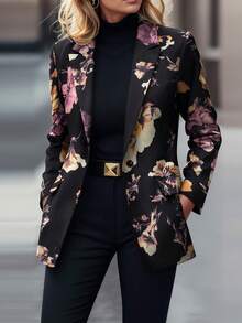HOMEYEE Floral Print Single Button Blazer - Black - View 8