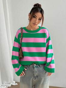Fall Women Striped Oversized Pullover Sweater, Crew Neck,Drop Shoulder,Relaxed Fit,Retro Vibe,Korean Casual,Easy Comfort For Back To School Sweater,Festive Red Sweater,Christmas Gift New Year Eve Valentine's Date - Green - View 2