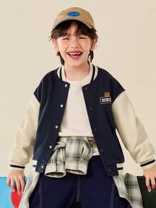 mini bala Kids Teddy Bear Baseball Jacket Fall Winter College Style Soft Comfortable Top - Dark Blue - View 1