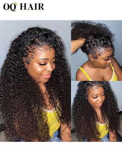 OQ Hair Glueless Wig Wear And Kinky Curly Human Hair 360 Transparent Lace Invisi-Drawstring Flexible Fit 180% Density No Glue Wig 14-26 Inch Long Wig Bleached Knots Lace Front Wig Pre-Cut And Pre-Plucked Hairline Stuff Natural Looking Human Hair Natural Color Free Shipping Gifts For Women Romantic Getaway Perfect For Every Occasion Travel Essential Gentle Atmosphere