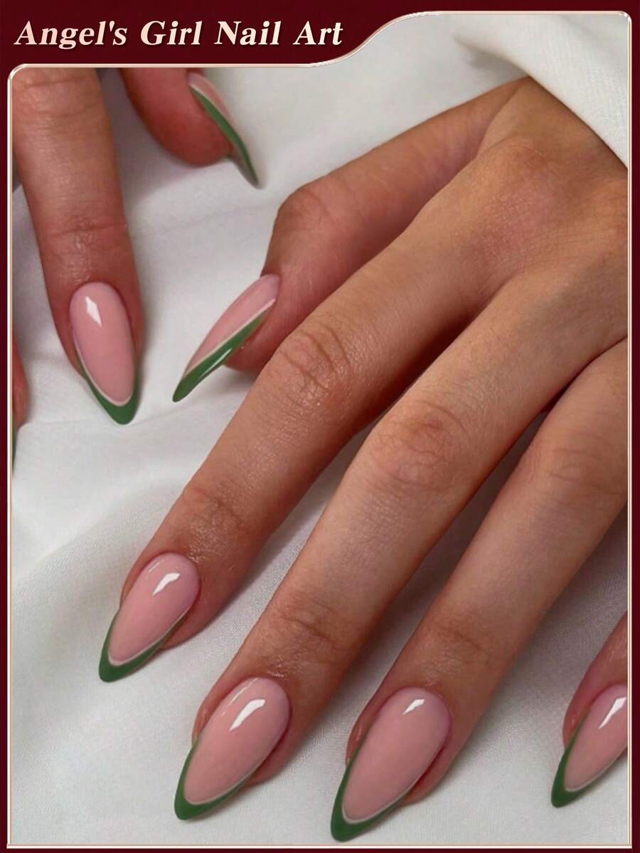 Elevate Your Style ,24pcs Y2K Long Almond Green & White French Tip Press On Nails ,Minimalist Style Design, Perfect Fit Acrylic False Nails Set, Including 1 Jelly Gule And 1 Nail File, For Girls Daily Party And Gathering Use