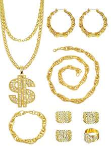 8pcs 80s 90s Accessories Outfit For Men Hip Hop Costume Kit Old School Rapper Sunglasses Faux Gold Rope Chain Bracelet Dollar Sign Chain Ring Kanji Ring Halloween Party Decorations - Yellow Gold - View 7