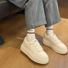 Zapatillas bajas de estudiante para mujer, deportivas de cuero, zapatos casuales blancos ligeros de suela gruesa para mujer - Blanco - Ver 10