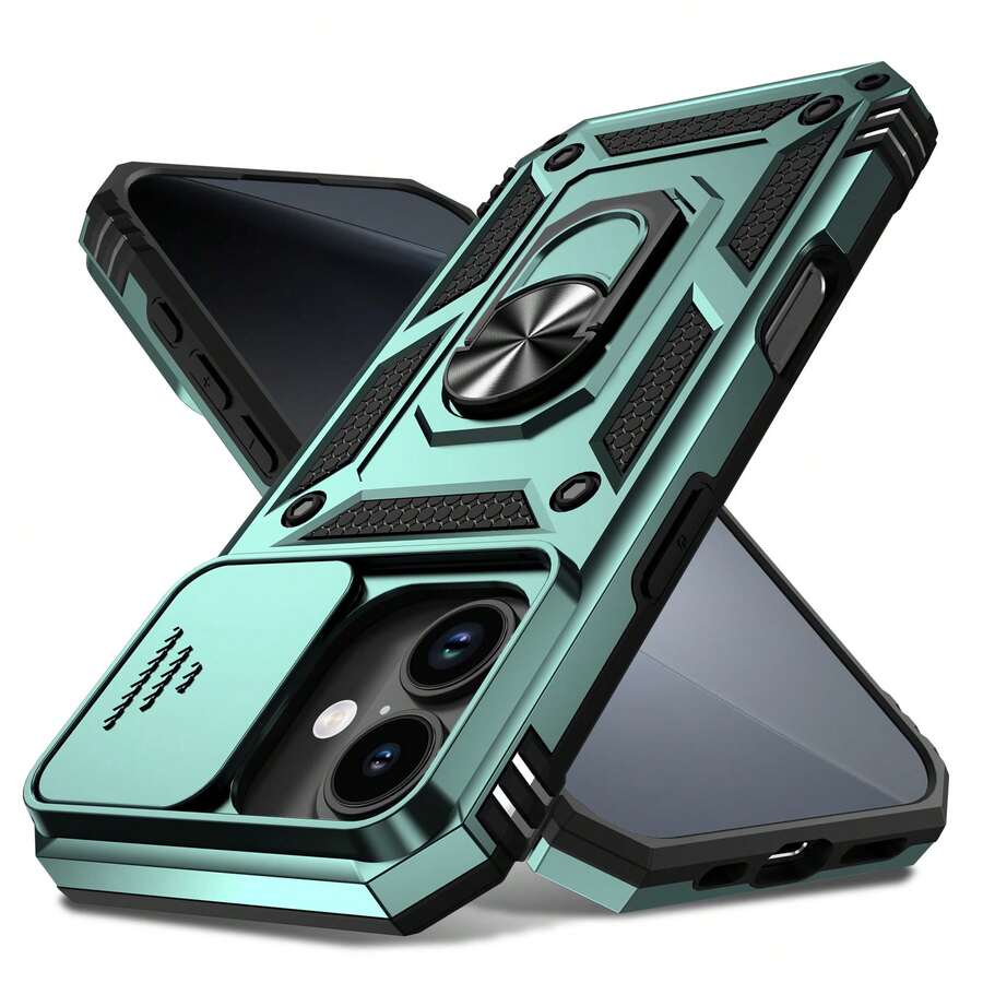 Military Industry Anti-Fall 360° Rotating Ring Holder Shockproof Phone Case With Lens Protection Compatible With Apple 11/12/13/14/15/16 Pro Max, Galaxy S22/23/24/25+ Ultra, A04/A05/A14/A15/A24/A25/A34/A54/A56/A36/A26 - Green - View 1