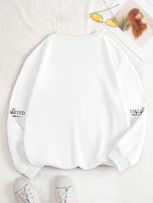 Letter Print T-Shirt, Long Sleeve Crew Neck Casual Top For Spring & Fall, Plus Size Women's Clothing White - White - View 2