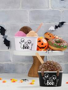 10pcs Halloween Themed Disposable Paper Bowl, Halloween Black White Ghost Pattern Party Decoration Paper Bowl, Halloween Ghost Disposable Food Container, Halloween Dining Table Decoration Paper Bowl, Halloween Horror Element Disposable Paper Container, Paper Bowl Container For Treat Candy Snack Nacho Cookie Trick Or Treating Birthday Party Favor, Halloween Decoration, Halloween Food Tray