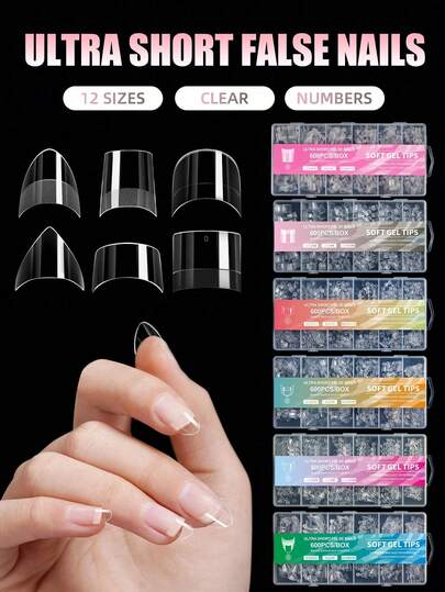 600 piezas de uñas postizas de color transparente con puntas de uñas de media cobertura de 10 tamaños para suministros de uñas acrílicas, extra cortas y de estilo stiletto