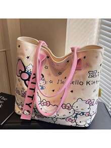 Sanrio Hello Kitty Bag Women's Large Capacity Tote Bag Travel Shoulder Handbag,Sanrio Hello Kitty Canvas Handbag, Cute KT Tote Shoulder Bag, Cartoon Versatile Tote Bag, Large Capacity Commuter Bag, Suitable For Travel, Back To School, Commuting