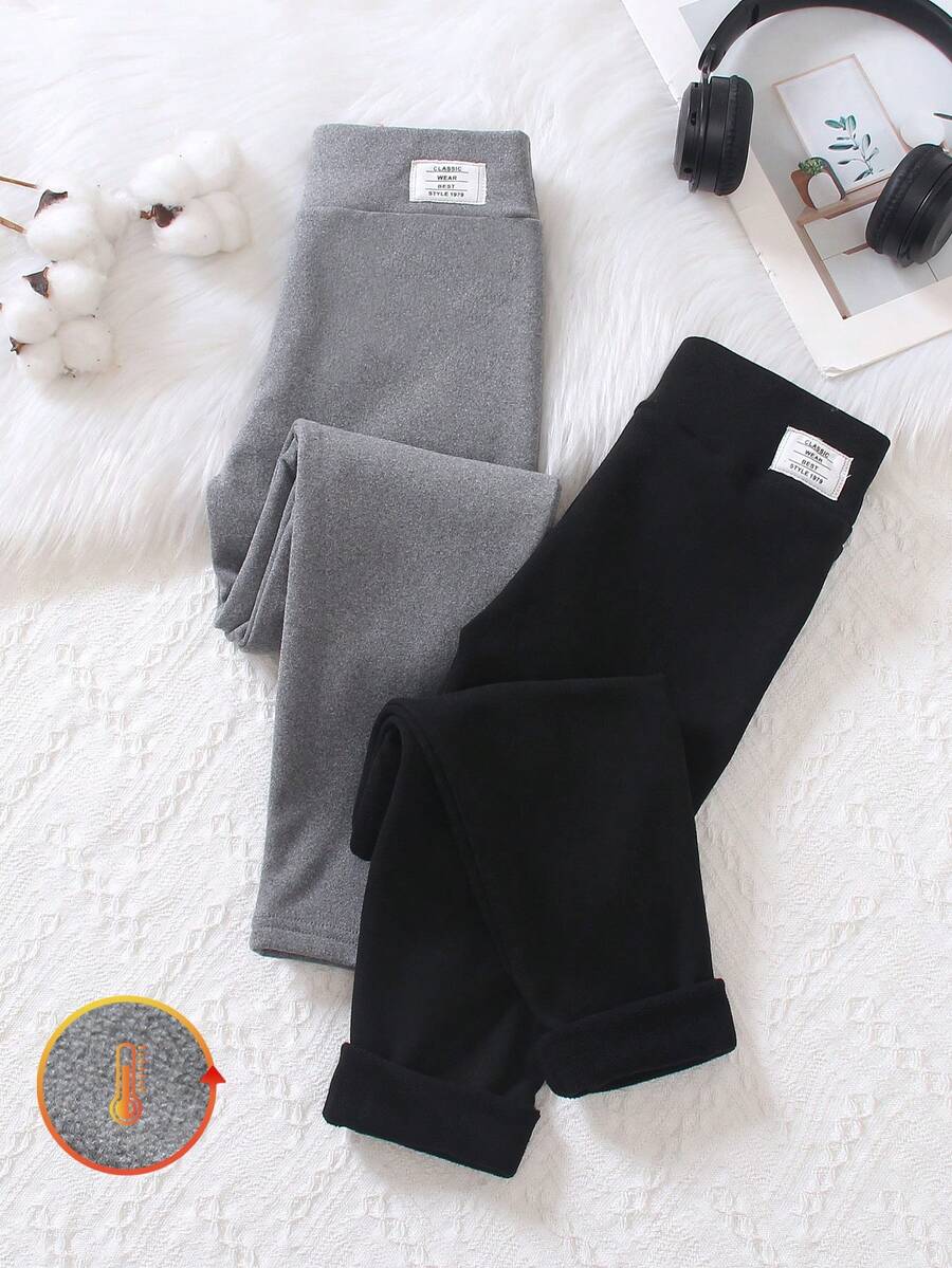 2pcs/Set Tween Girls Thick Thermal Lined Leggings, Solid Color Slim Fit Long Pants, Autumn/Winter
