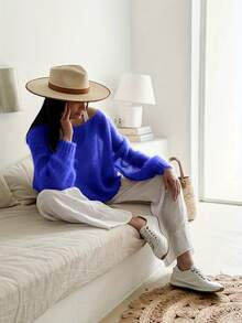 Solid Drop Shoulder Sweater - Dark Blue - View 5