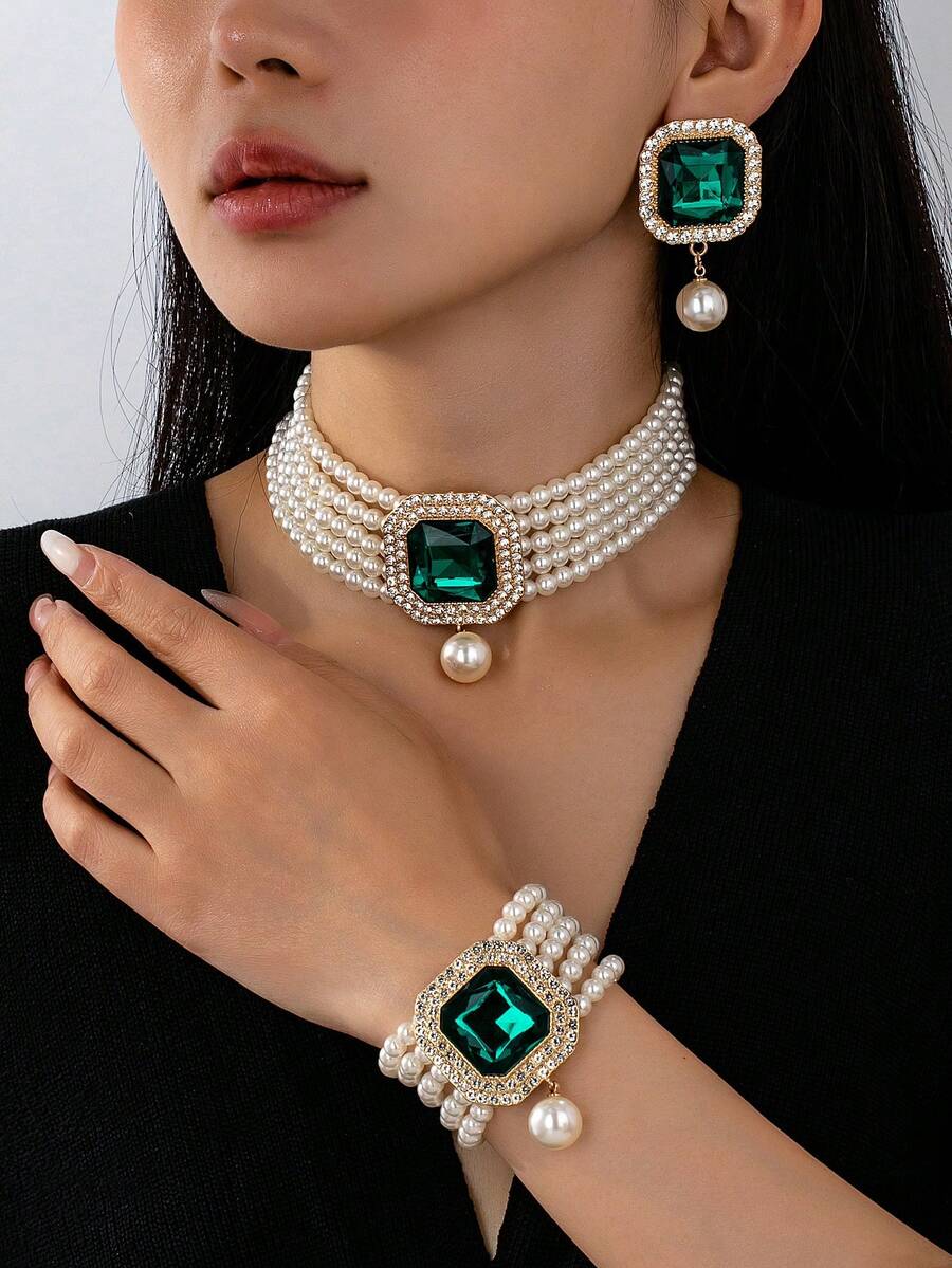 4 Peças Conjunto de Colar, Brincos e Pulseira Luxuosos e Exagerados com Multicamadas de Pérolas Falsas, Strass e Cristais Embutidos, Adequado para Casamento, Festa e Presentes de Feriado para Mulheres - Multicolorido - Visão 1