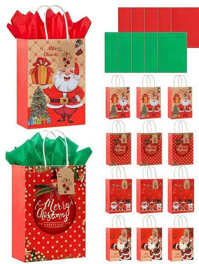 带手柄的圣诞礼品袋，圣诞礼品袋，4 种圣诞牛皮纸袋设计，圣诞糖果袋，完美的圣诞礼物派对礼物，可爱的纸质礼品袋，配有红色和绿色包装纸和多个牛皮纸格子图案标签