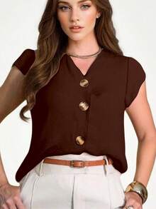 Women's Short Sleeve Shirt Blouse Duna Fabric With Button New 2025 European And American Style - Brown - View 3