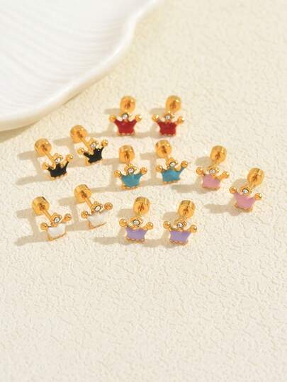 1 Paar süße Mini-Krone Edelstahl Strass besetzte Gewinde-Ohrringe, modisch & vielseitig für den täglichen Gebrauch