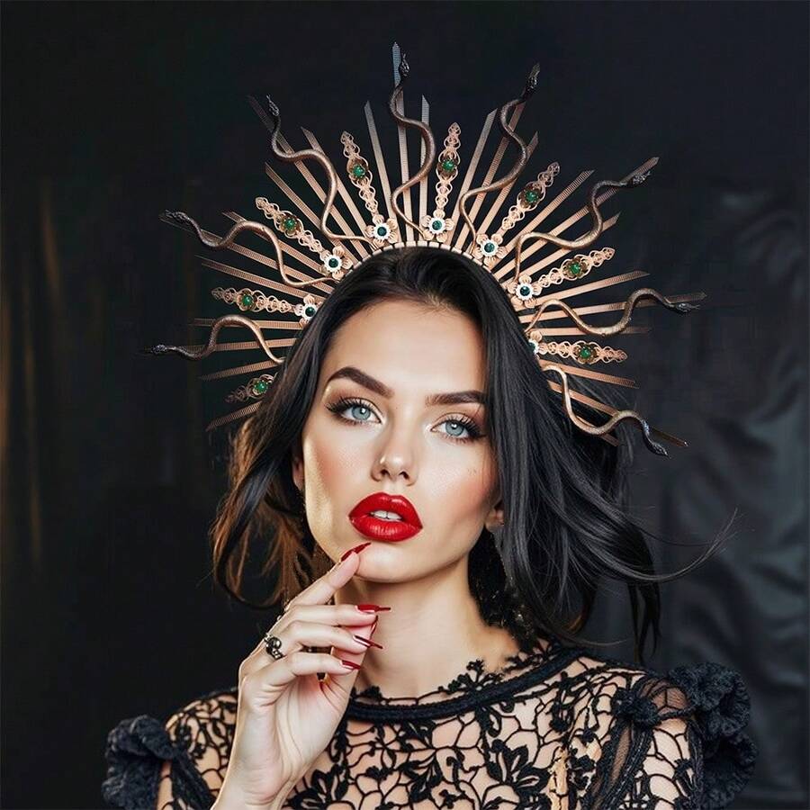 1 pièce Serre-tête Méduse d'Halloween, coiffe de costume de déesse aux serpents, couronne gothique pour fête, cosplay, accessoire photo - Vert - Voir 1