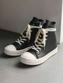 Teenagers' High-Top Lace-Up Canvas Sneakers, Thick Sole, Casual Versatile Couple Shoes