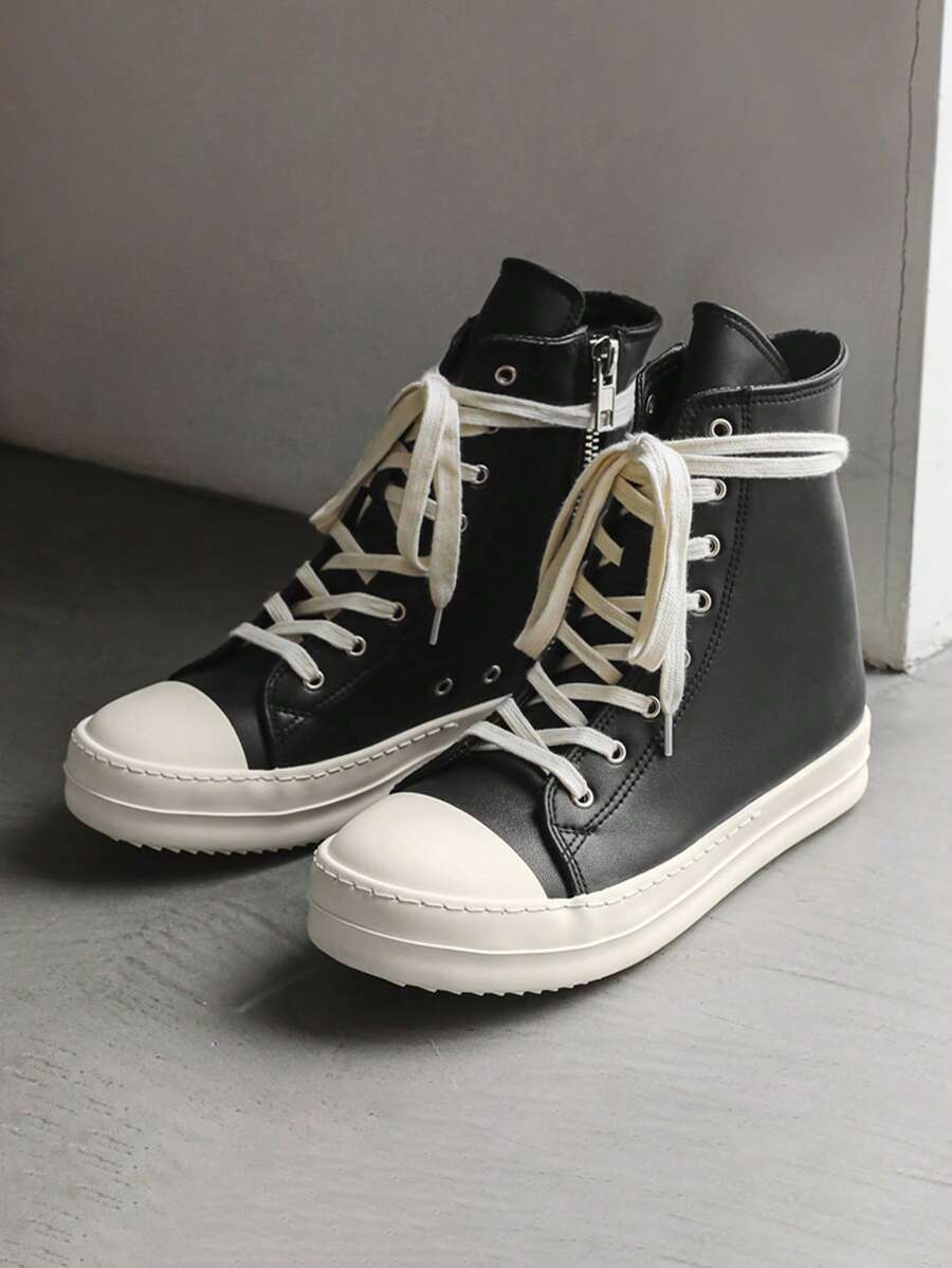 Teenagers' High-Top Lace-Up Canvas Sneakers, Thick Sole, Casual Versatile Couple Shoes