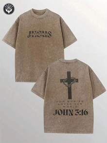 1pc, 230G Double-Sided Washed Jesus Saved Me Printed T-Shirt, High-Quality Wax Printed Cotton Retro Fashion Brand T-Shirt, Suitable For Summer T-Shirts With A Certain Thickness, Holiday GiftRound Neck Cotton Women's T-Shirt - 咖啡色 - 查看 1