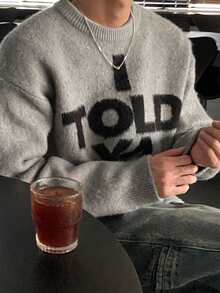 秋冬新款时尚休闲街头字母印花圆领长袖男士毛衣 - 灰色 - 查看 1