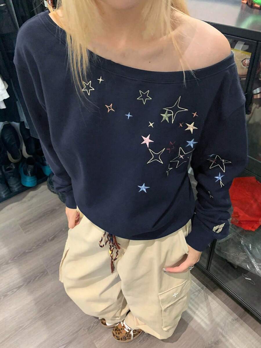 In Stock High Quality Retro American Style Graphic Oblique Shoulder Sweatshirt For Women, Loose Fit Tops, Autumn/Winter - Navy Blue - View 1