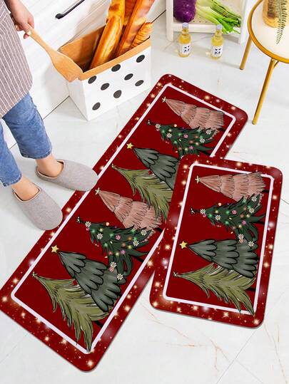 1/2 قطعة سجادة مطبوعة لديكور عيد الميلاد للمطبخ، سجادة مستطيلة ناعمة ممتصة للماء ومانعة للانزلاق، مناسبة للغرفة المعيشية والمطبخ والاستخدام المنزلي