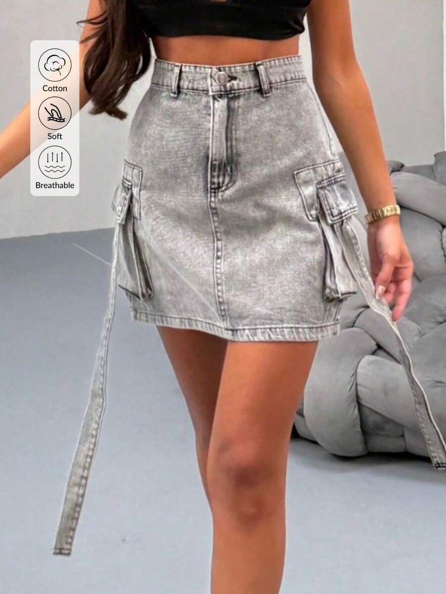 Damen Cargo Pocket gerade geschnittener lässiger Denimrock