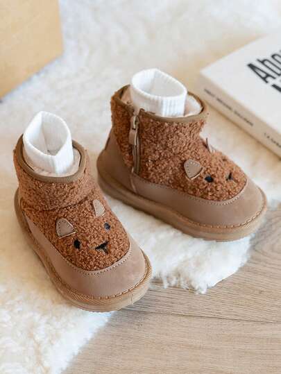 1 Pair Baby Cartoon Snow Boots, Unisex Warm Thick Winter Boots With Side Zipper, Toddler First Walker Shoes