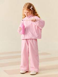 mini bala Girls Cute Bow Two Pieces Set Loose Top And Pants Soft Comfortable Stylish - Pink - View 2