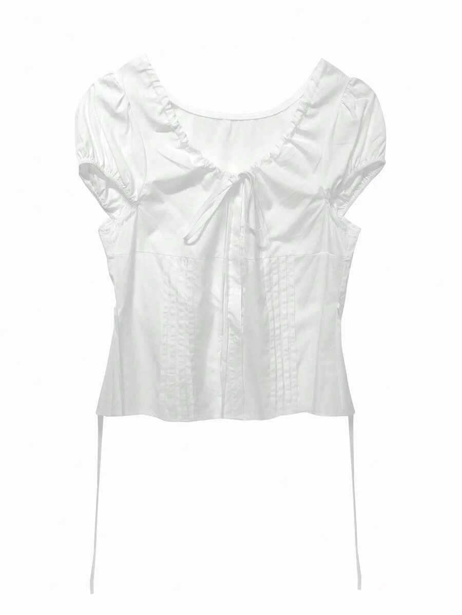 韩版时尚法式系带修身泡泡袖衬衫，百搭显瘦 - 白色 - 查看 1