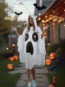 1pc Mid-Length Loose Breathable Moisture-Wicking Hooded Black & White Ghost Cloak Costume, Halloween Stage Performance White Cloak With Ghost Face Decoration, Funny Ghost Robe Outfit