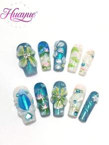 10 Pieces Made By Hand, 3.3 Cm Thin High-Heeled Nail Cover, Beach Essentials, Nail Patch, Press-On Nails, Nails, Supplies, Summer Nails, Press-On Acrylic Nails, Long Nails, French Style, Gradient, Agate, Jade, Green Leaves, Pearls, Butterflies, Diamonds, Gold Pearls, Blush, Petals, Three-Dimensional Design, Three-Dimensional Carving