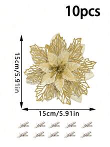 20 件/10 件/1 件人造一品红花（带夹子），闪闪发光的圣诞装饰，闪光圣诞花环 DIY，派对花艺，适用于婚礼派对，新年装饰，圣诞节派对装饰，家居装饰，可爱的人造花圣诞树装饰，冬季灌木装饰，适用于圣诞新年婚礼派对花环，楼梯窗户壁炉圣诞树装饰品 - 金色 - 查看 7