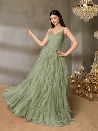 Alisa&Leo 优雅细肩带青少年礼服，搭配结构紧身胸衣和多层薄纱 A 字裙 - 适合舞会、毕业典礼、返校舞会、晚宴和选美活动的永恒设计